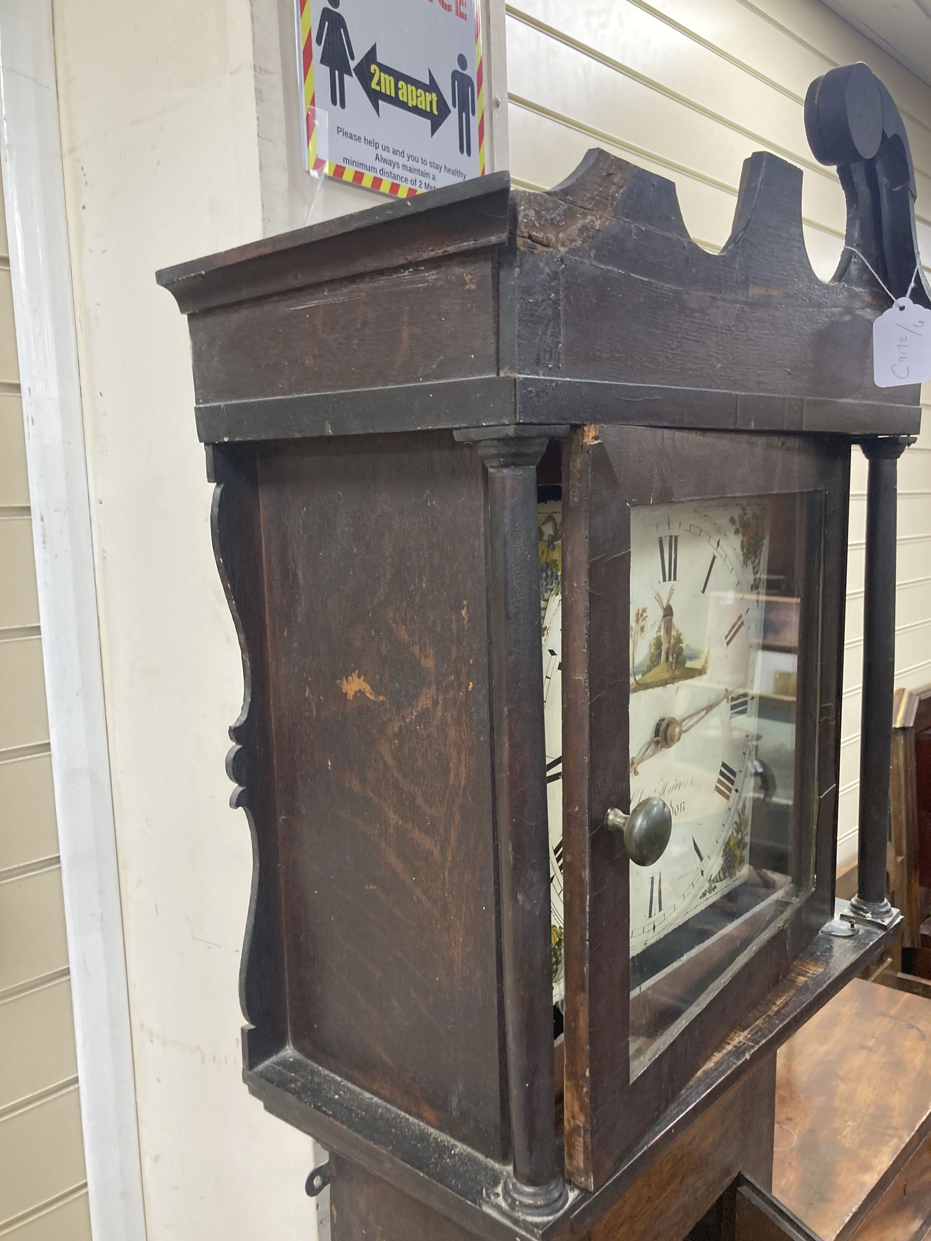 A small 19th century oak cased longcase clock (for restoration) 30 hour grandfather clock, the painted dial named Cha. Haines, Swindon,